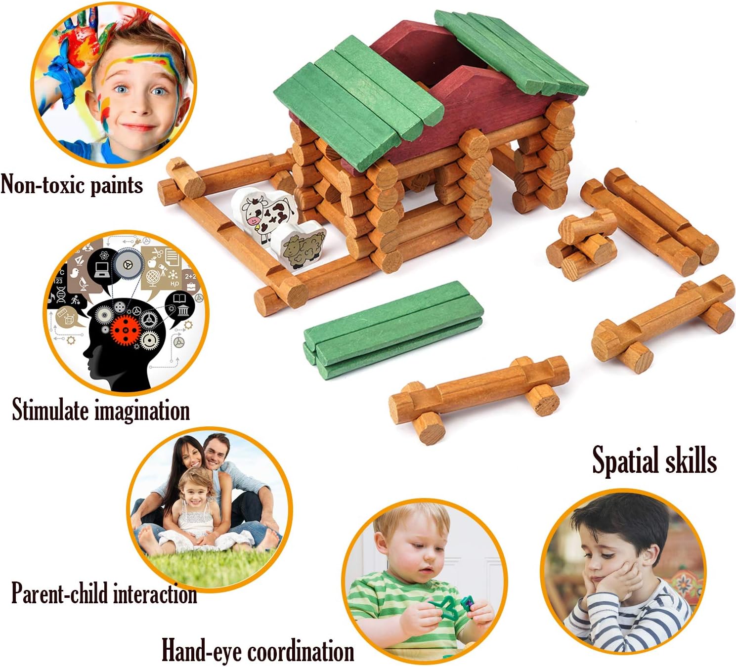 Wondertoys 170 Pieces Wood Logs Set Ages 3+, Classic Building Log Toys for Boy, Creative Construction Engineering Educational Gifts: Toys & Games