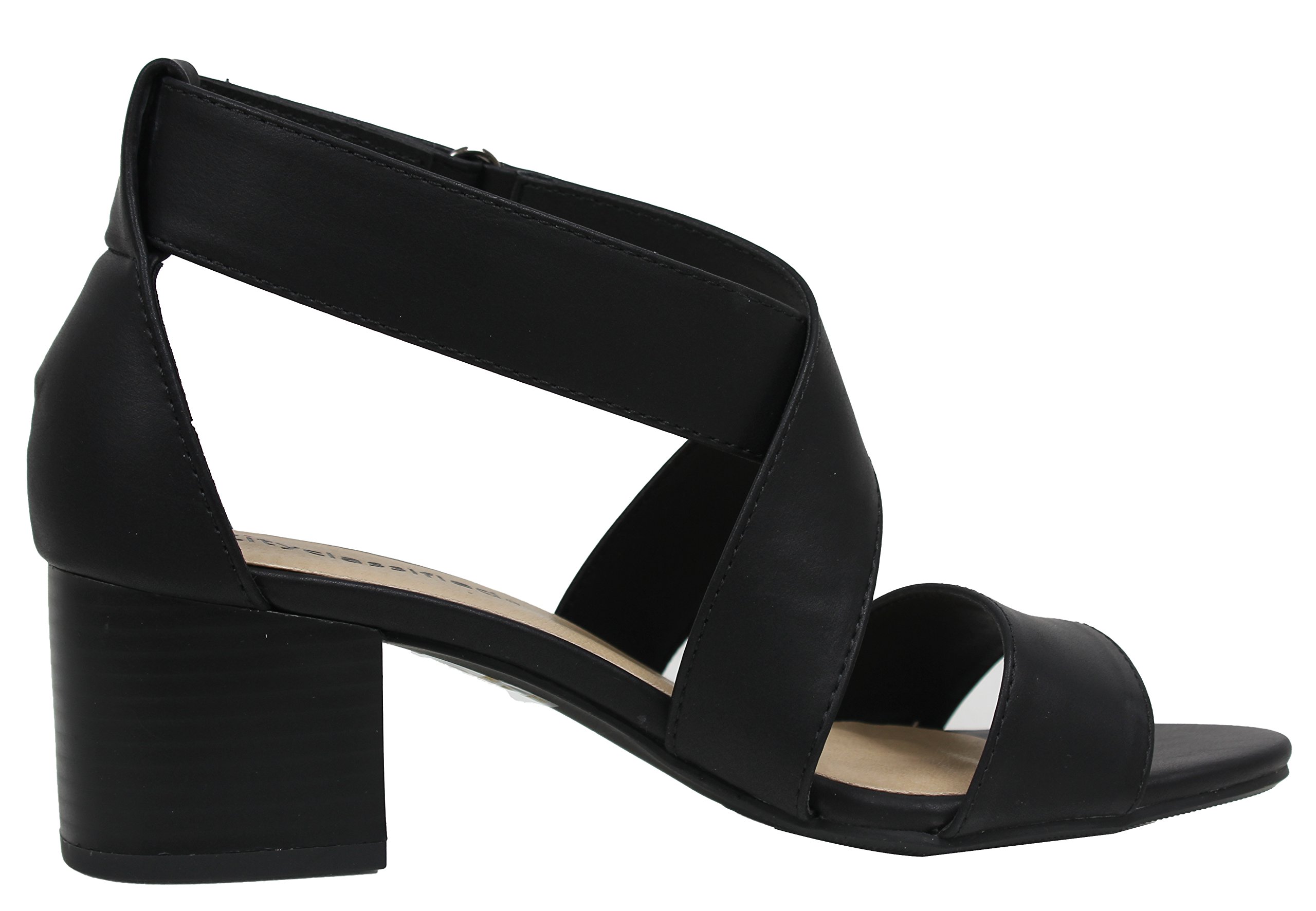 CITYCLASSIFIED Women's Open Toe Wide Strap Strappy Mid Stacked Block Heel, Black, 7 - Image 4
