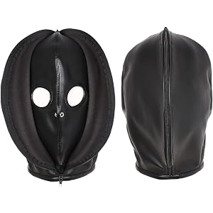 Black Faux Leather Balaclava Hood Double Layer Lace Up Zipper Adjustable Full Face Mask for Halloween