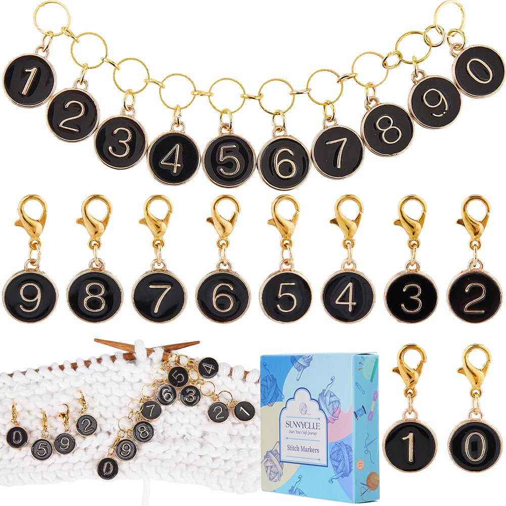 SUNNYCLUE 11Pcs Number 0~9 Stitch Markers Charms Black Knitting Row Counter Chains Alloy Enamel Removable Gold Lobster Clasp Locking Metal Stitch Marker for Crocheting DIY Crafts Handmade Jewellery