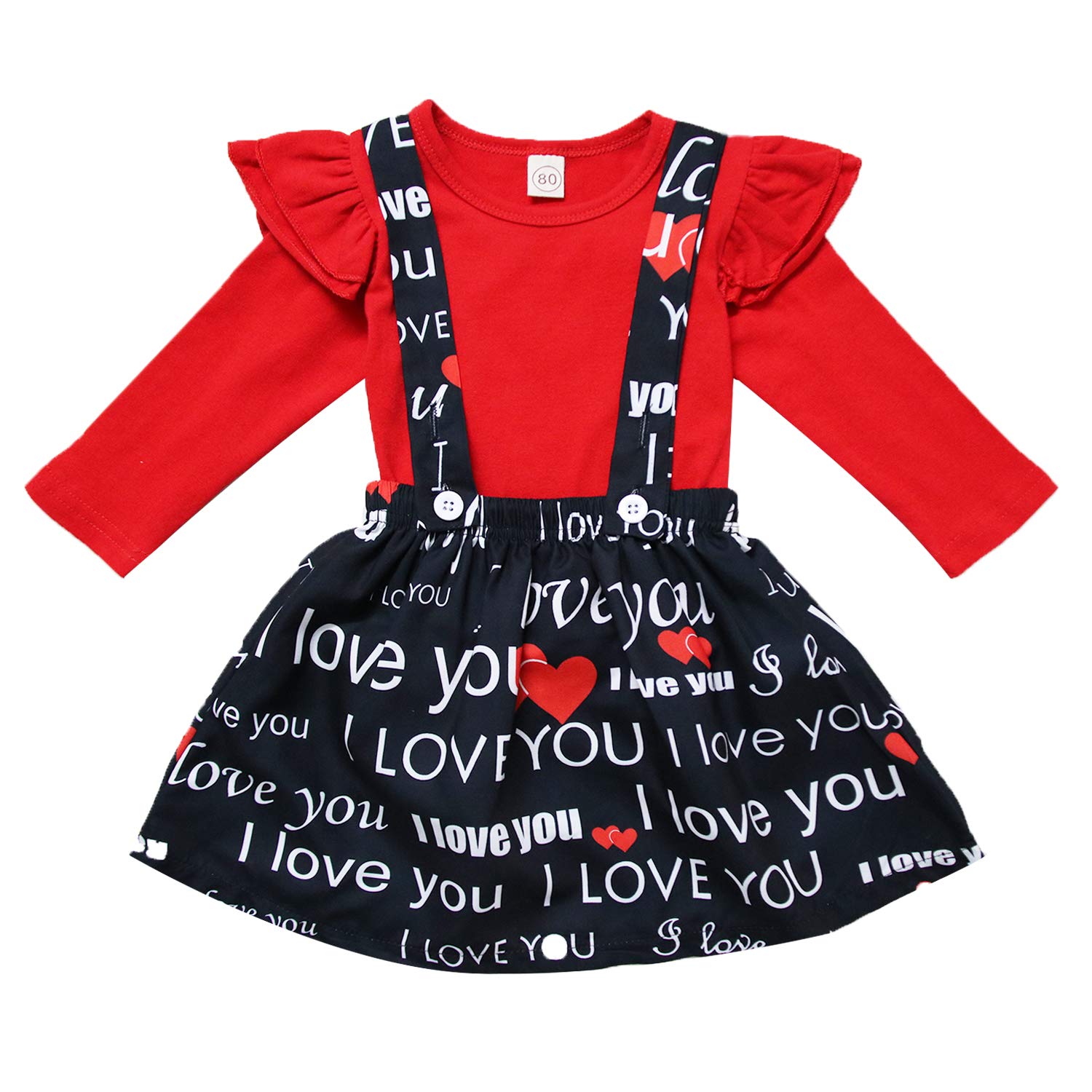 Photo 1 of (3t-4t) XFGLCK Toddler Baby Girls Valentine’s Day Outfit Ruffle Long Sleeve Shirt Tops +Heart Print Suspender Skirt 2Pcs Set