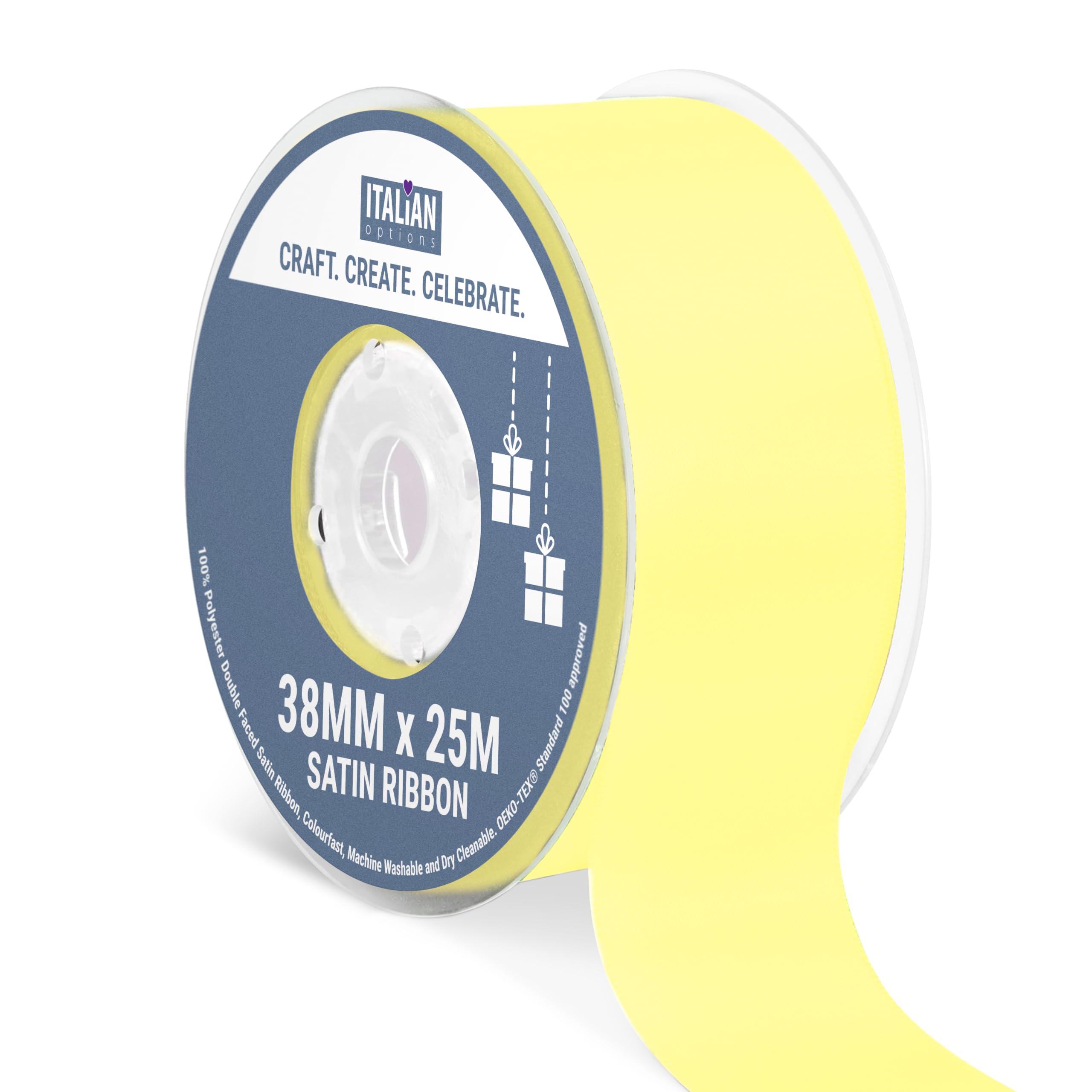 Italian Options Satin Ribbon, Fabric Ribbons for Gift Wrapping, Crafting, Balloons, Wedding Car, Presents, Cake, Christmas, Birthday, Gift Wrap Accessories, 38mm Wide x 25 Metre Roll, Lemon