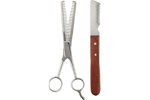 TAMSCO Trimming Kit, Stripping Set of 2, Leather Case, Double Tooth Thinning Shear, Medium Stripping Knife, Great for Horses, Stainless Steel