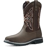 NINGO Men's Cowboy Boots Square Steel Toe, Full-Grain Leather & Oxford Splicing, Non-Slip Western Comfortable Work Boots with EH Protection, for Construction, Farming and Outdoor Work