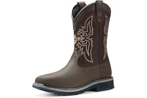 NINGO Men's Cowboy Boots Square Steel Toe, Full-Grain Leather & Oxford Splicing, Non-Slip Western Comfortable Work Boots with EH Protection, for Construction, Farming and Outdoor Work