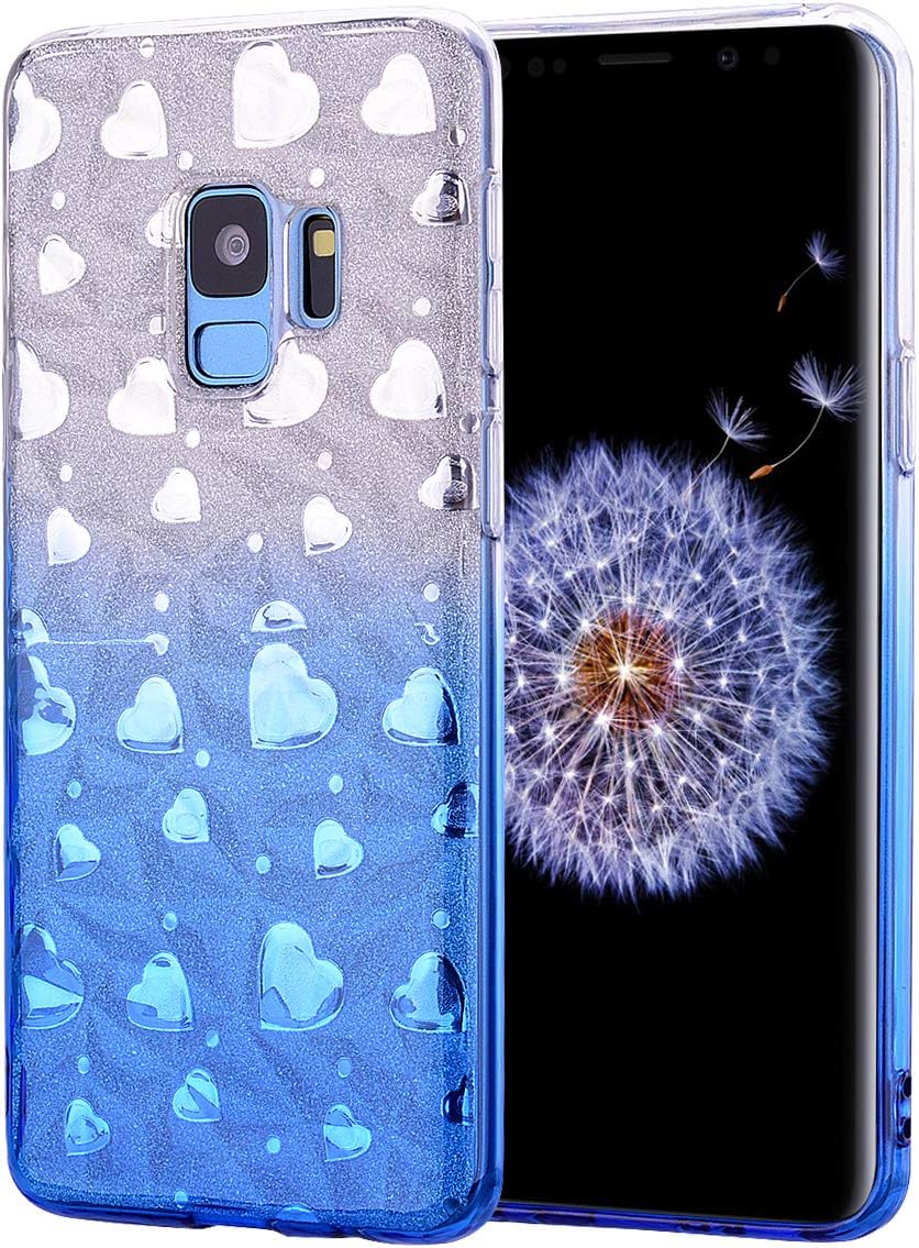 WIWJ Samsung Galaxy S9 Plus Clear Case Soft TPU Silicone Bumper Phone Cover Glitter Diamond Grain with Love Heart Case For Girl Ladies Women Shockproof Case Cover for Samsung Galaxy S9 Plus-Blue