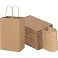Toovip 100 Pack 5.25x3.25x8.25 Inch Small Plain Brown Kraft Paper Bags with Handles Bulk, Gift Bags for Favor Grocery Retail Party Birthday Shopping Business Goody Craft Merchandise Take Out Sacks