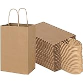 Toovip 100 Pack 5.25x3.25x8.25 Inch Small Plain Brown Kraft Paper Bags with Handles Bulk, Gift Bags for Favor Grocery Retail Party Birthday Shopping Business Goody Craft Merchandise Take Out Sacks