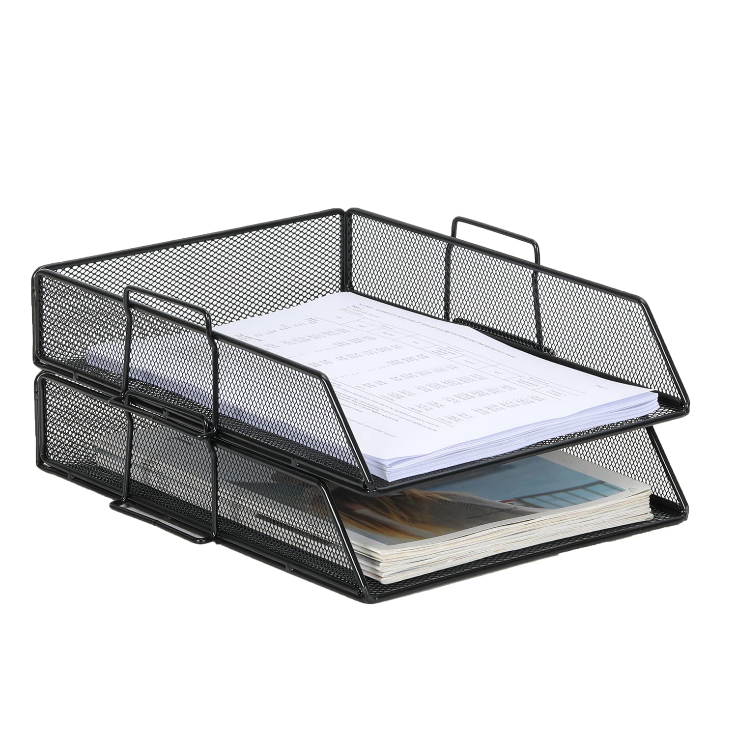 EasyPAG 2 Tier A4 Mesh in Trays Stackable Office Desk Tidy File Holder Magazine Storage Paper Document Letter Organiser,Black