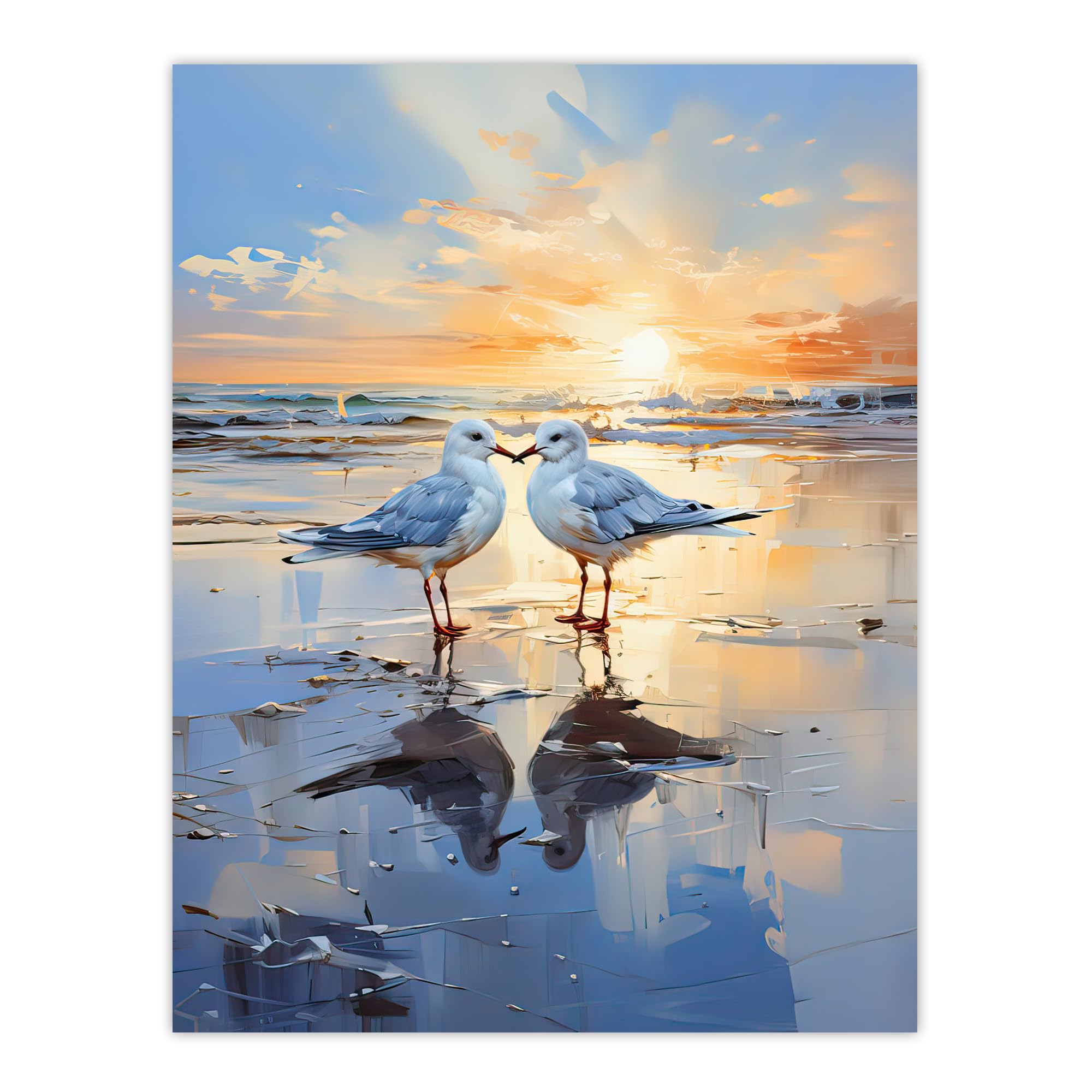 Artery8 Seagull Bird Couple Beach Sunset Oil Painting Coastal Landscape Artwork Large Wall Art Poster Print Thick Paper 18X24 Inch