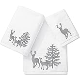 Whaline Christmas Bathroom Towels Set of 3 Silver Reindeer Xmas Tree Embroidered Cotton Dish Towel Absorbent Hand Towel Wash Cloth for Kitchen Drying Cleaning Guest Shower Housewarming