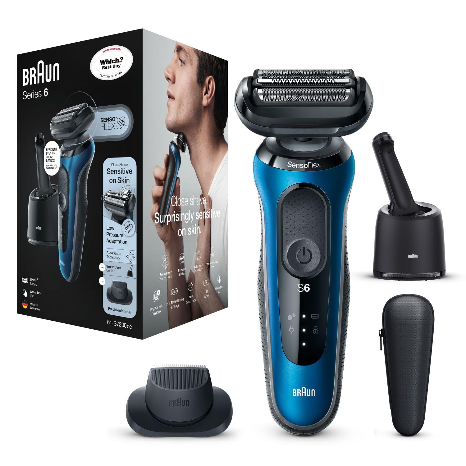 Braun Series 6 60-B7200cc Electric Shaver With Precision Trimmer, SmartCare Center, Blue