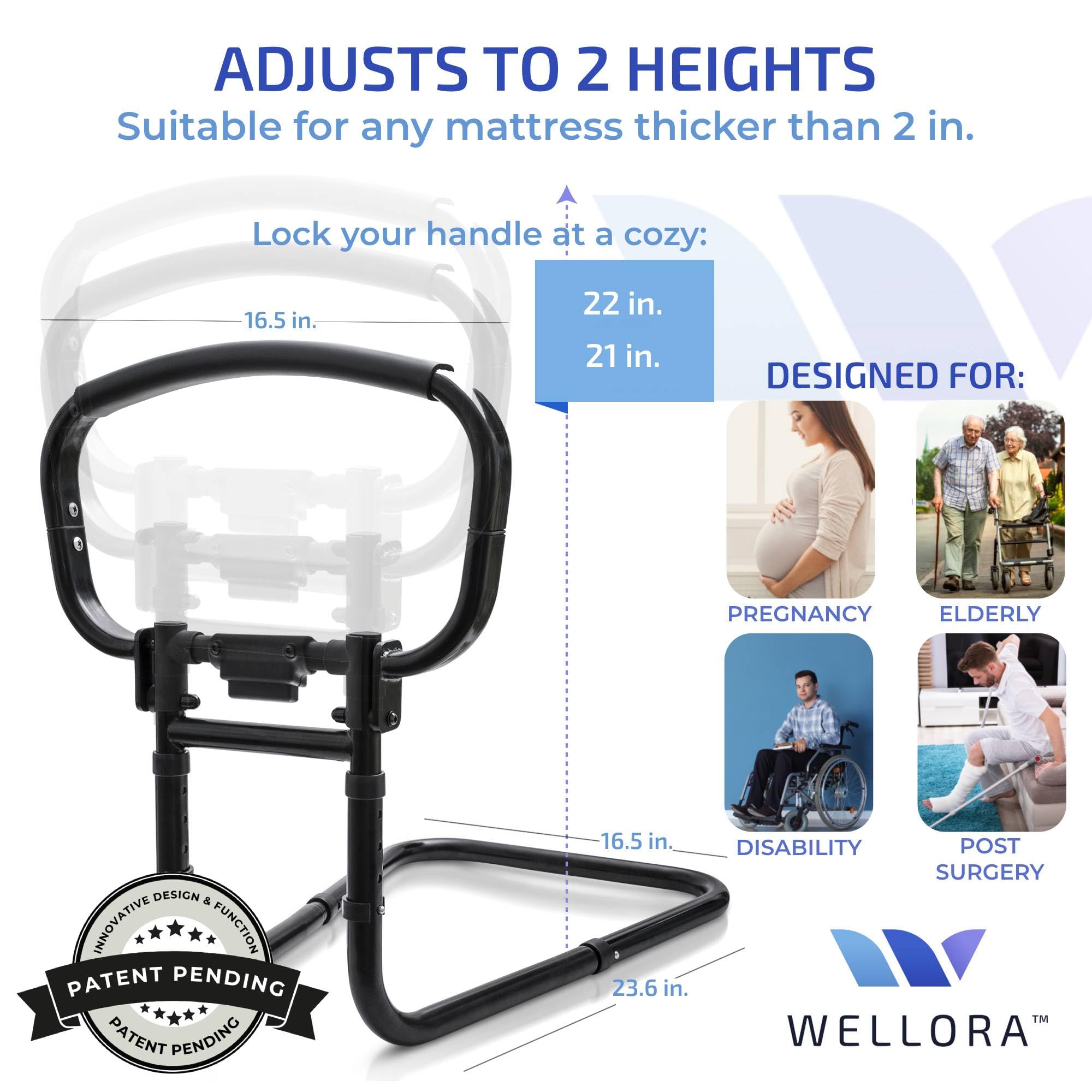 Sturdy Bed Rails for Elderly Adults Safety - Foldable & Adjustable Bed Rail - Supports up to 330lbs - Free Motion Light & Storage Bag - Fit King, Queen, Full, Twin - Bed Guard Rail for Seniors WELLORA