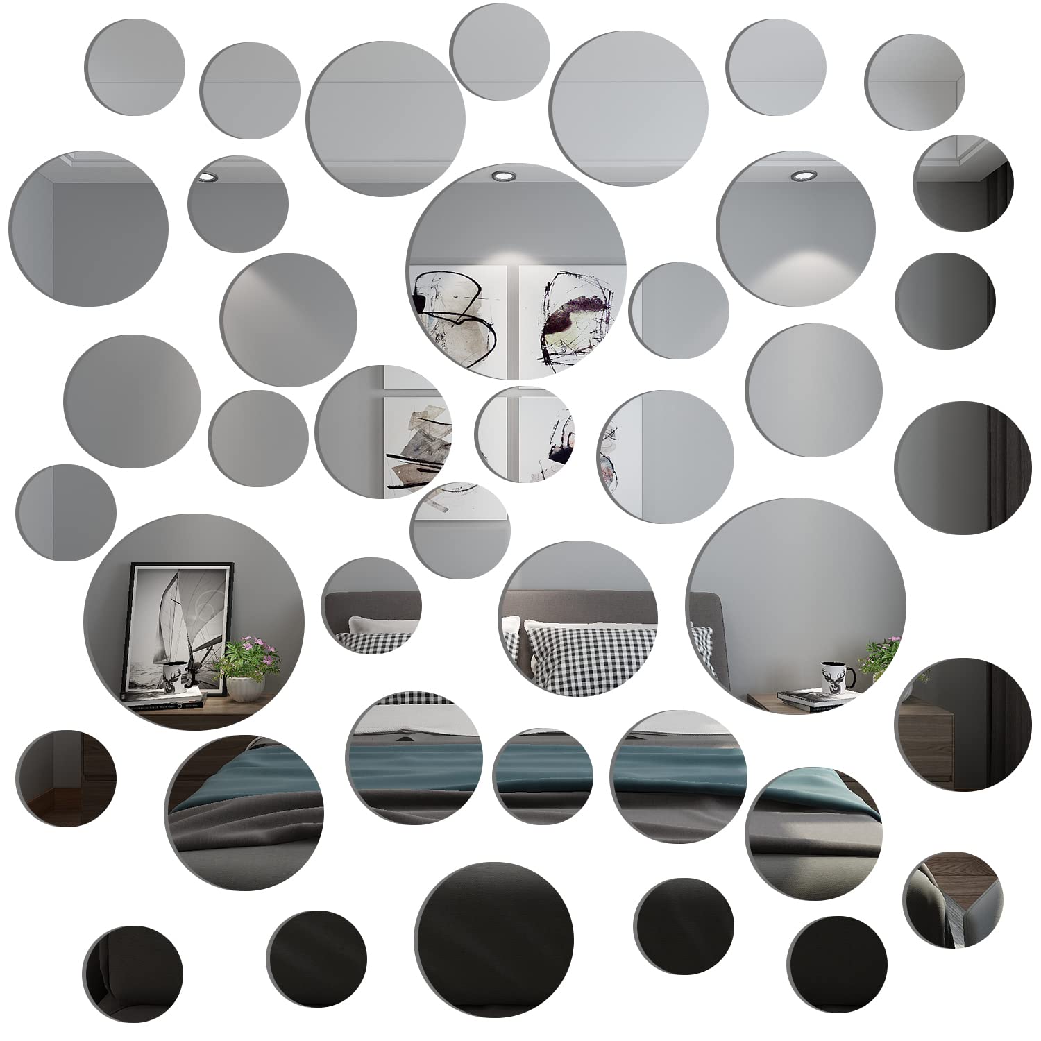 TAIANJI 40PCS Various Round Mirror Sheets for Walls, Flexible Mirror Sheets Acrylic Mirrors Sheet Circle Acrylic Removable Decal Stickers Suitable for Decorative Scenes