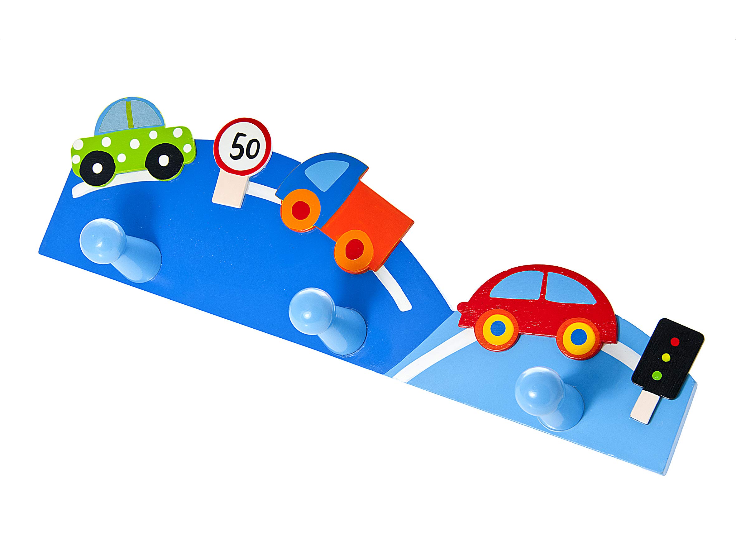 Mousehouse Gifts - Triple Coat Hook Wall Hanger, Car-Themed Wooden Door Hooks for Children's Nursery or Bedroom (Cars)