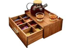 Chicvilla Acacia Wood Tea Bag Organizer with Cord Hole and Secure Drawer – Tea Organizer and Storage Chest for Countertop