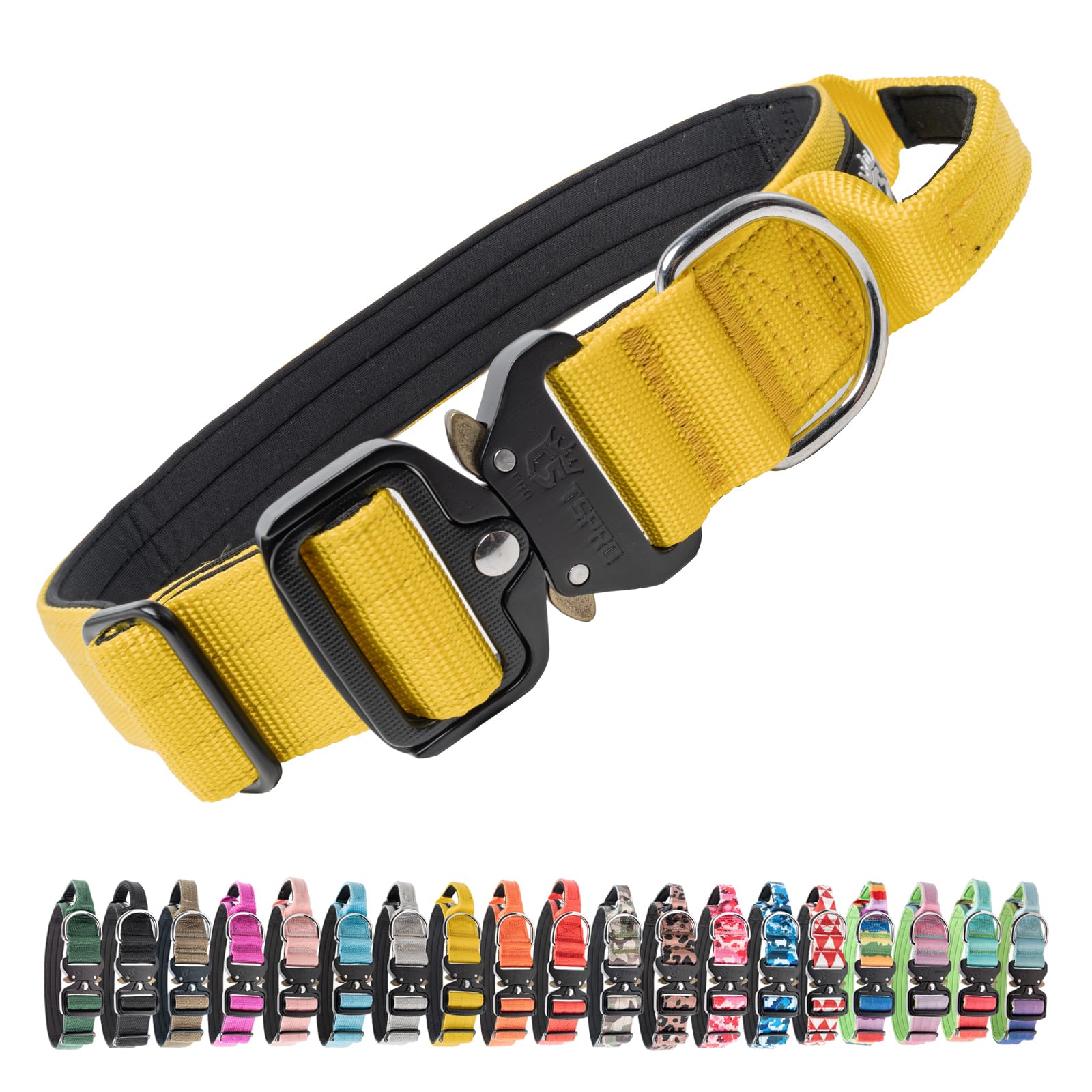 TSPRO Tactical Premium Dog Collar with Handle & Heavy Duty Quick Release Metal Buckle, Adjustable Thick Strong Collar for Medium Large Dogs (Yellow, L)