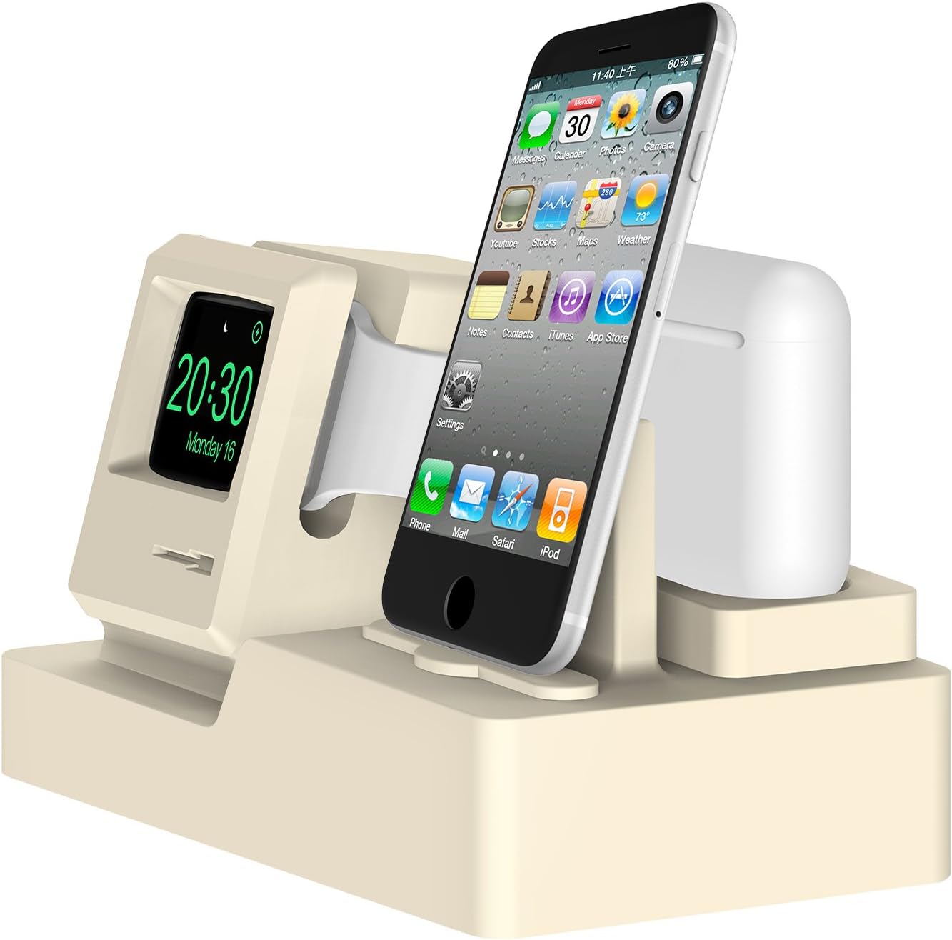 iClassic Mac 1984 Apple Watch Stand Charging Station Dock iWatch AirPods Charger Stand Charging Holder Apple Watch Charger Series 4/3/2/1/ AirPods/iPhone X/8/8Plus/7/7 Plus - Macintosh White