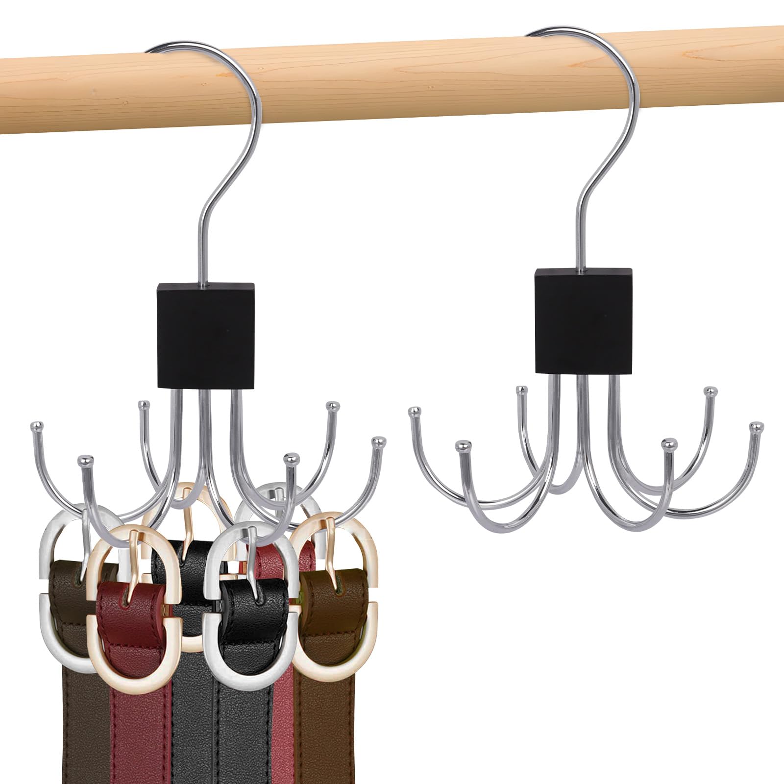 Niuoppy 2PCS 360°Swivel Belt Hanger for Wardrobe, Belt Hangers for Men, Belt Organizer Belts Rack with 6 Hooks (2, Black)