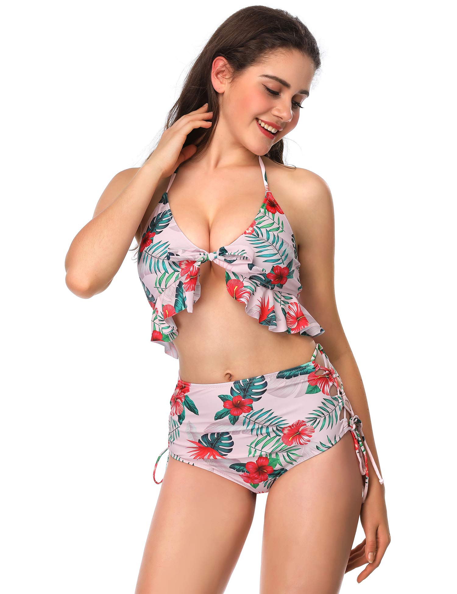 Verano Playa Women Tie Front Swimsuit Two Piece Sexy V Neck Push Up Bikini Sets Floral Printed Bathing Suit Beach Swimwear