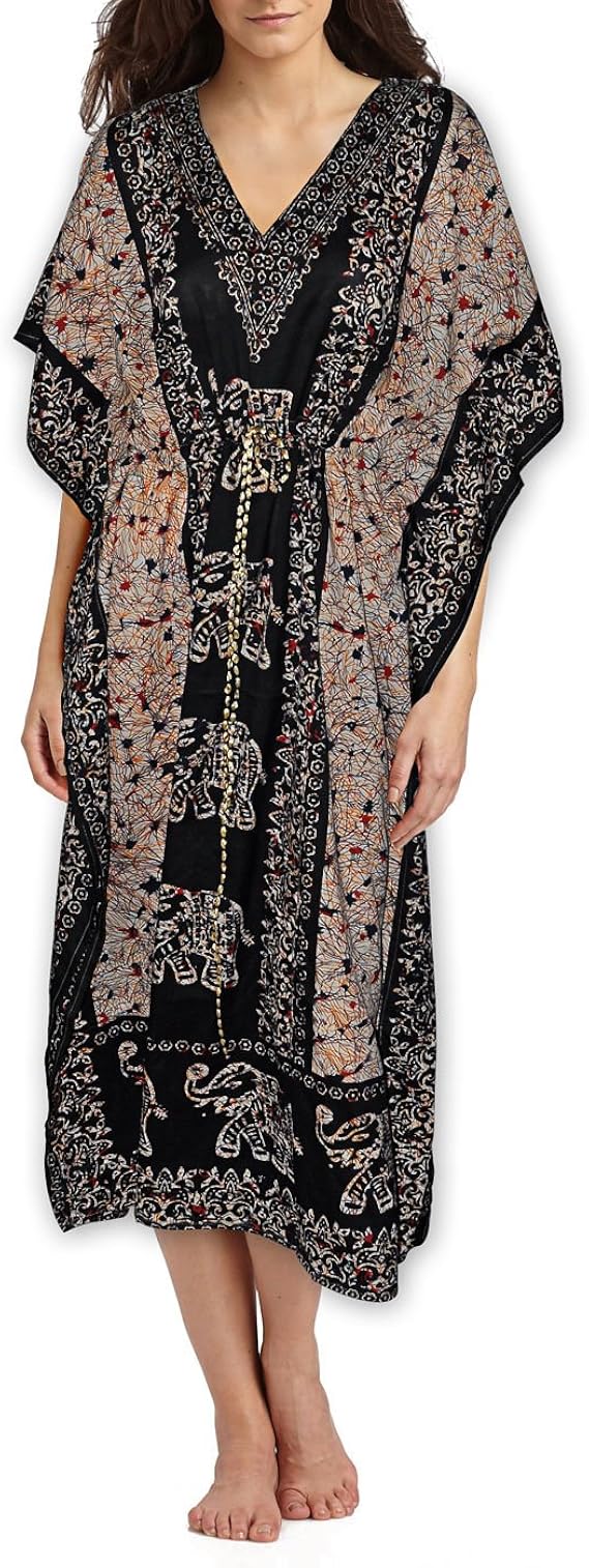 Elephant Printed Multi Color Viscose Long Kaftan Amazon.co.uk Clothing