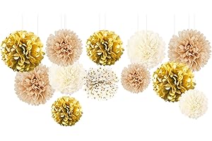 NICROHOME EUR White Gold Party Decoration, 12 PCS White Gold Champagne Tissue Paper Pom Poms Paper Flowers for Wedding Bridal Baby Shower Engagement Birthday Graduation New Year‘s Eve Party Decor