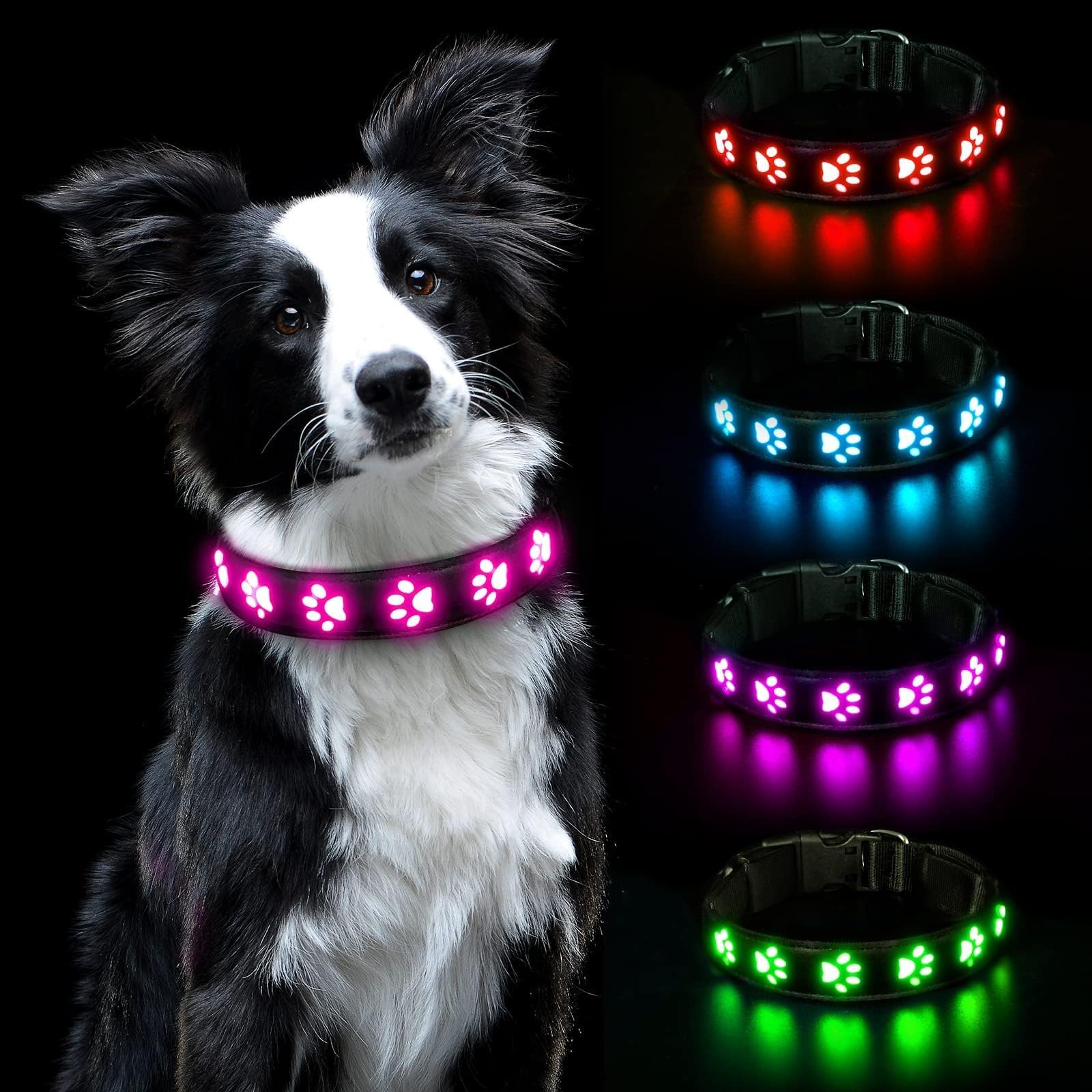 AUAUY Light Up Dog Collar, LED Dog Collar Light USB Rechargeable, Waterproof Flashing PVC Leather Adjustable Glowing Super Bright Dog Light Up Collar for the Dark for Small Medium Large Dogs (Pink-M)