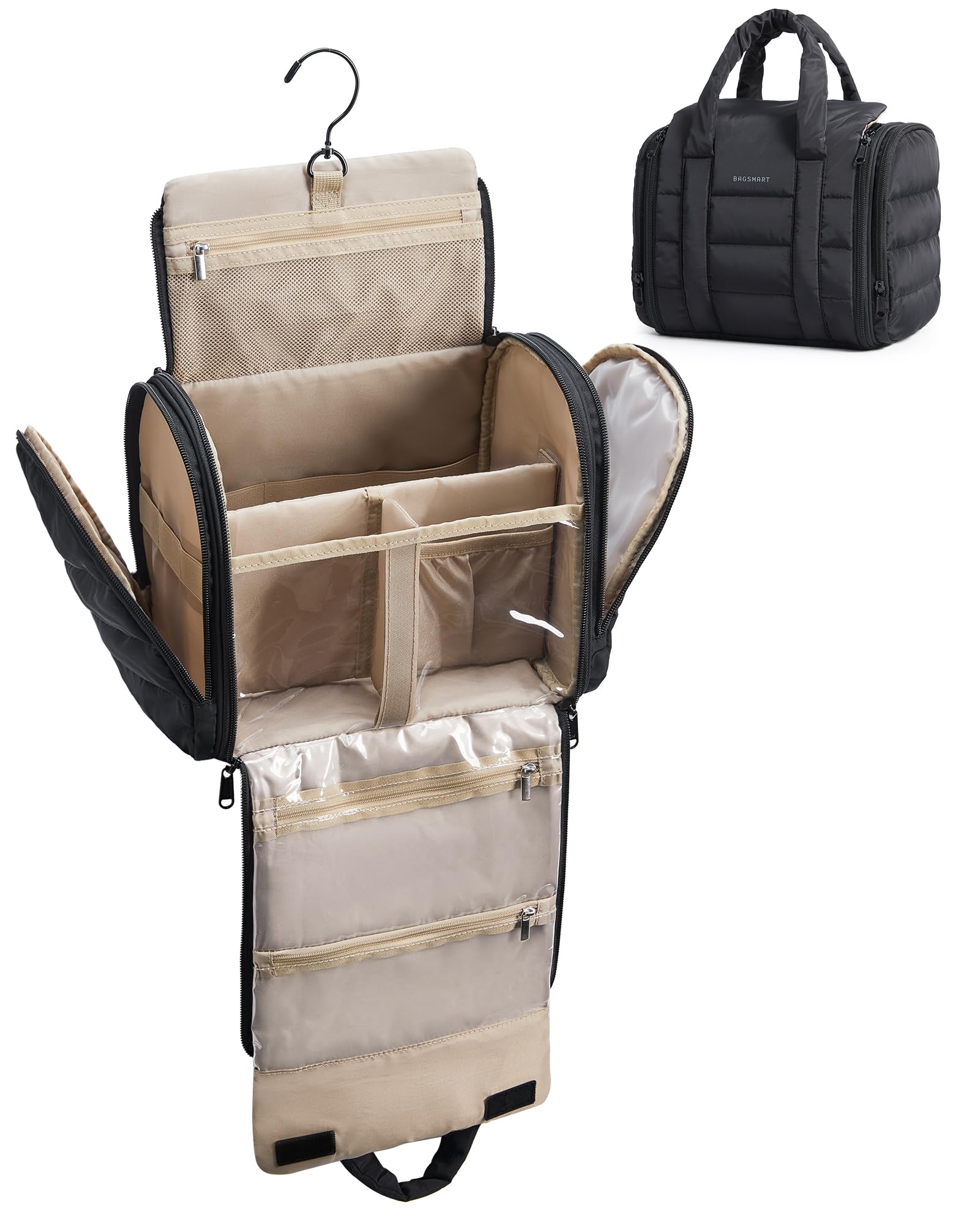 Photo 1 of BAGSMART Travel Toiletry Bag with Removable Partition, Puffy Water-resistant Fabric Hanging Organizer for Full-Size Toiletries, Accessories, Black