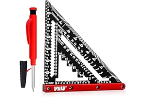 VNW 7inch Rafter Square with Carpenter Pencil, 1/8" Precision Heavy Duty Aluminum Woodworking Rule,Triangle Ruler Measuring Layout Tool (Black, Rafter Square)