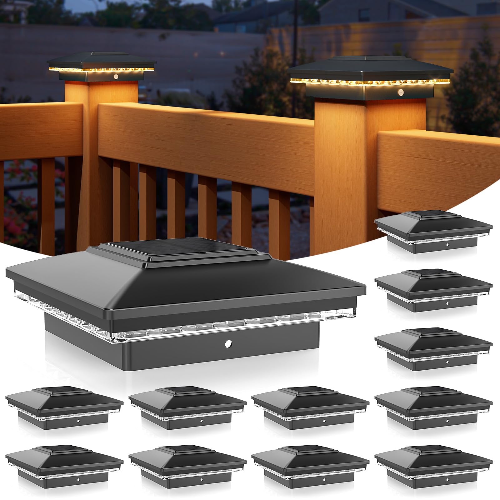 Photo 1 of APONUO 4x4 Solar Post Cap Lights 12 Pack - IP65 Waterproof, 24 LED Warm White Solar Lights for 4x4 Wood/Vinyl Fence, Deck, Patio & Yard (Auto On/Off, 10H Runtime, Easy Install)