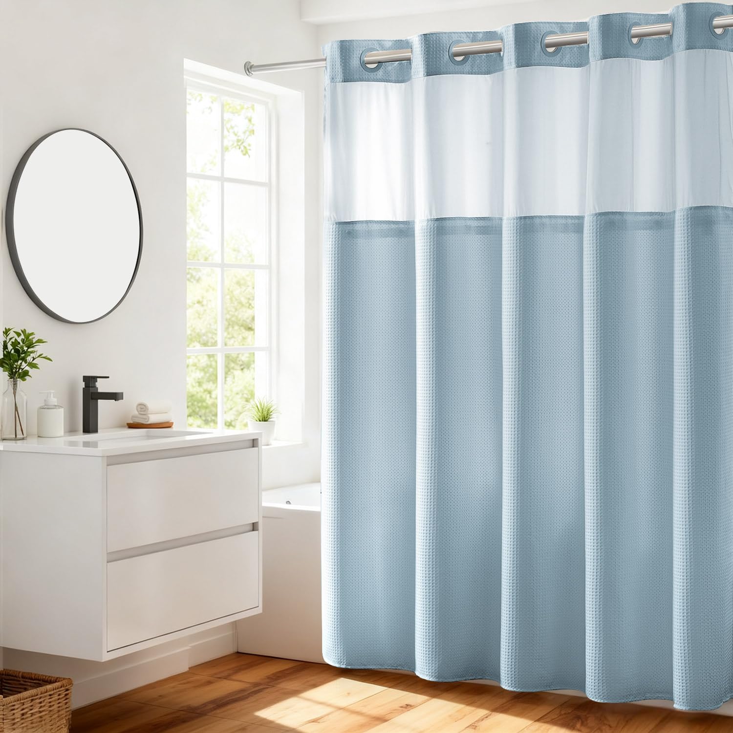 River Dream No Hooks Required Waffle Weave Shower Curtain with Snap in Liner - 71W x 74H,Hotel Grade,Spa Like Bath Curtain,Blue — image 1