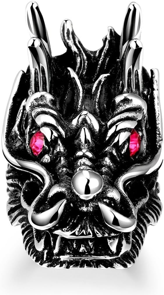 Focus Jewel Men's Stage Stainless Steel Punk Rock Dragon Head Rings with Rosy Stone Eyes Party Jewelry