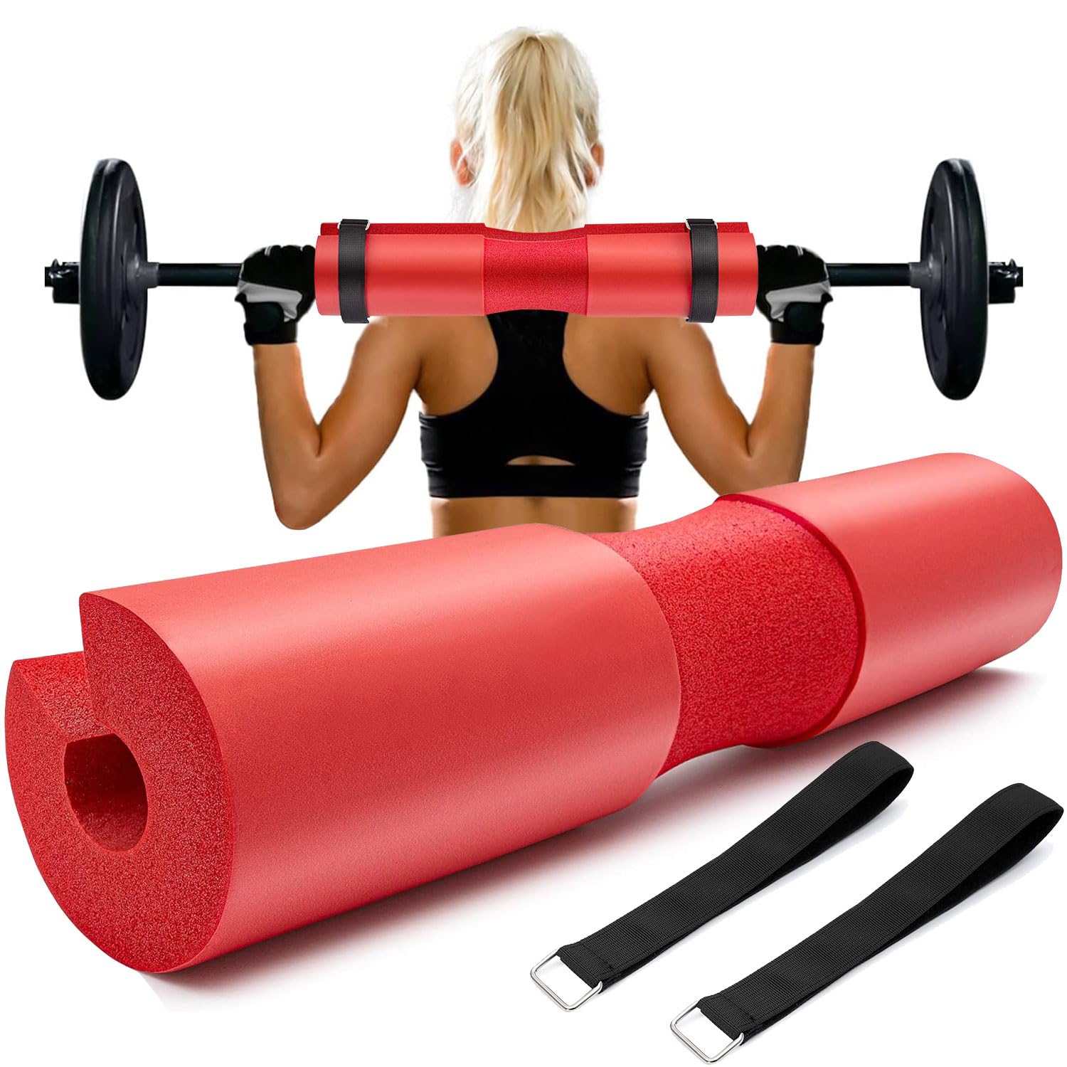 Taeku Barbell Squat Pad, Rapid Recovery Shoulder Support Foam Sponge Mat with Safety Straps for Lunges Squats Hip Thrusts Standard Olympic Bars (Red)