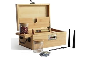 HINITOYOU Bamboo Stash Boxes with Combination Lock, Upgraded with Metal Carrying Handle Home Decorative Storage Box, Removable Dividers,Bamboo Herb Roller,Glass Jars, Tube, 50 Themed Stickers Tray Set