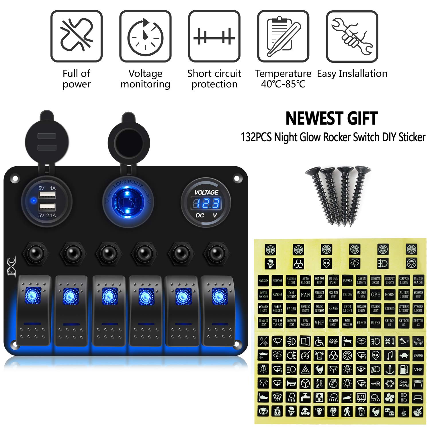 FXC Waterproof Marine Boat Rocker Switch Panel 6 Gang with 3.1A Dual USB Slot Socket + Cigarette Lighter +LED Voltmeter with Overload Protection for Car Rv Vehicles Truck (6 Gang Blue LED) (6 Blue): Industrial & Scientific