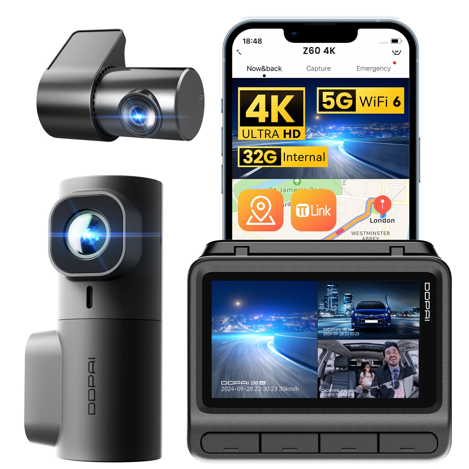 Photo 1 of DDPAI 3 Channel Dash Cam Front and Rear, 4K+2K+1080P Triple Dashcam for Cars with Dual 32G eMMC Storage Car Camera Dashcam, GPS,WiFi 6,3" IPS, AI ISP Night Vision,7 Days Parking Mode,Z60 ?link