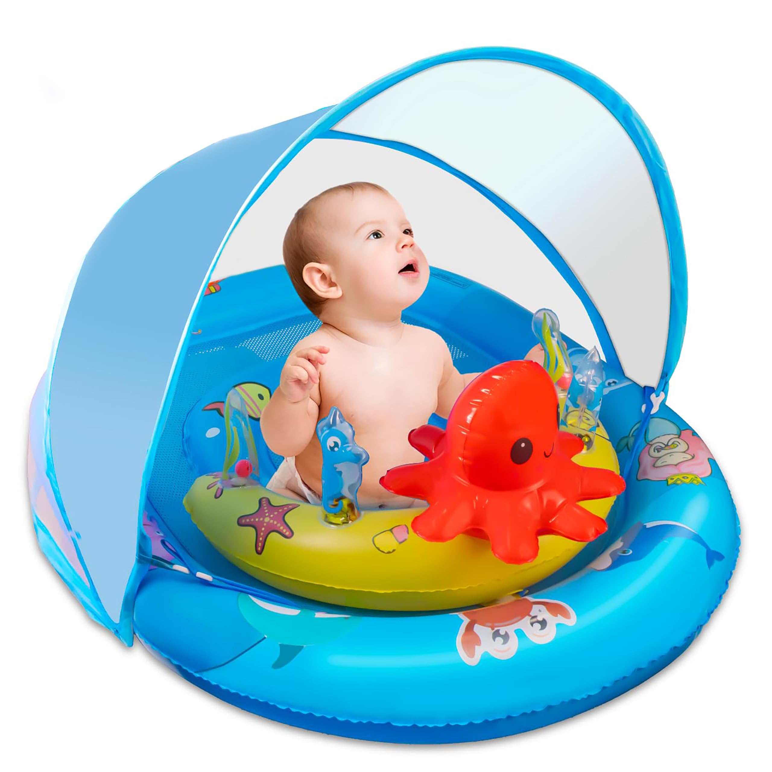Photo 1 of Baby Pool Float with Canopy UPF50+ Sun Protection, Inflatable Baby Swimming Float with Ocean Animal Toys for Kids 12 Months+, Toddler Infant Pool Float with Adjustable Safety Seat for Boys Girls