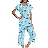 ENJOYNIGHT Womens Pajama Sets Cotton Pj Set Short Sleeve Top With Capri Pants Sleepwear 2 Piece Lounge Set