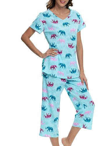 ENJOYNIGHT Women's Cotton Pajama Set - Short Sleeve Top & Capri Pants Sleepwear