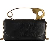 QHMCEXG Women's Small Black Soft Pin Shaped Vegan Leather Crossbody Purse Bag with Gold Metallic Handles & Chain