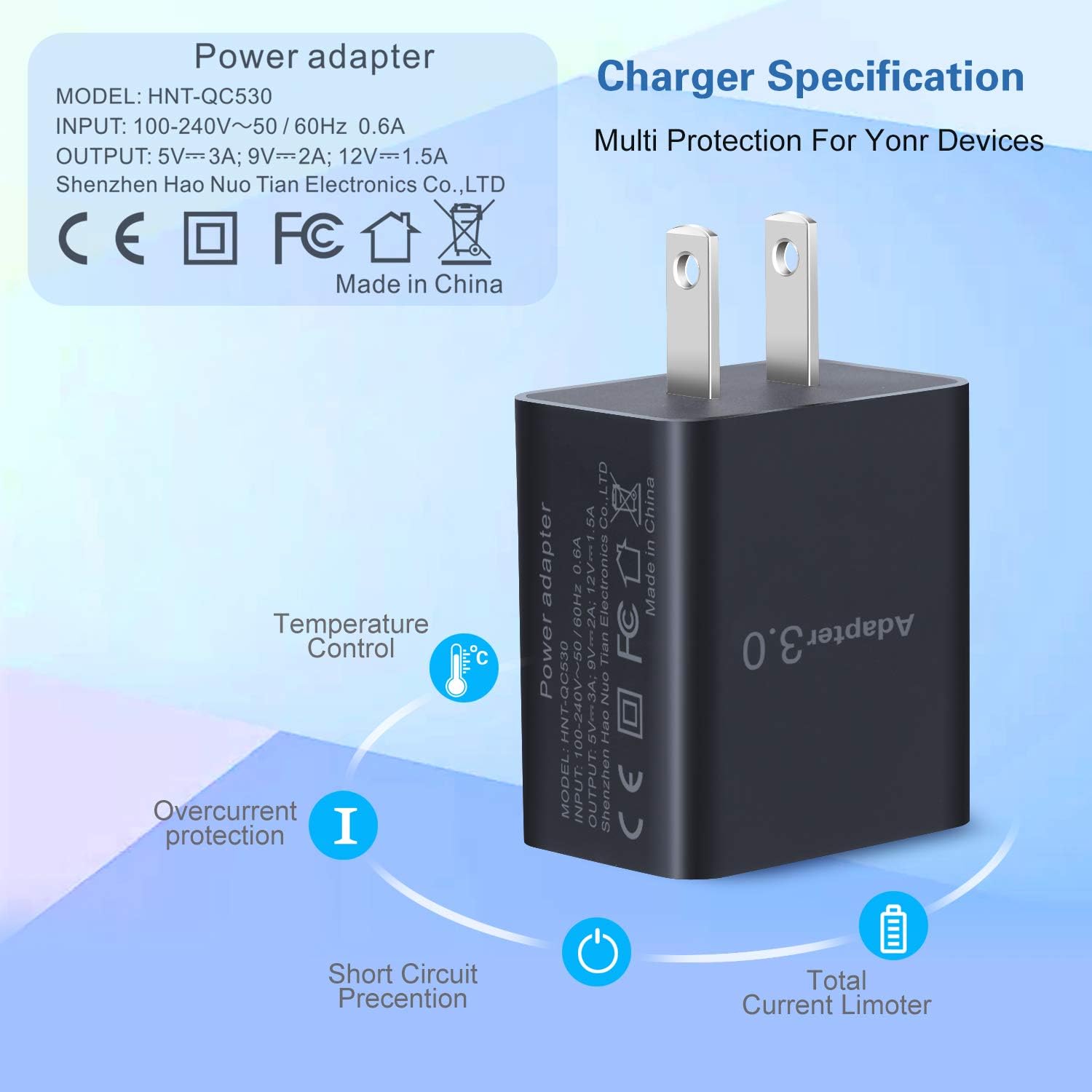 QC 3.0 Wall Charger, OKRAY 2 Pack 18W Fast Charging USB Wall Charger Power Adapter USB Plug Compatible 10W Wireless Charger, iPad Pro, Tablets, iPhone, Samsung Galaxy S10/S9/S8, LG, HTC (Black Black)