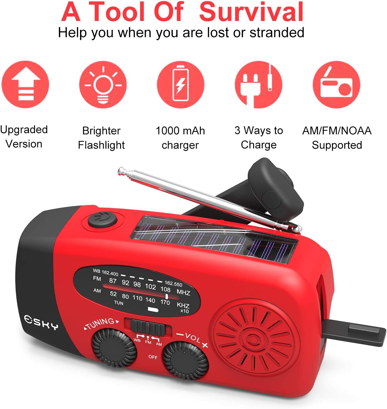 [Upgraded Version]Emergency Radio, Esky 3W LED Flashlight Hand Crank Radio, Self Powered AM/FM NOAA Weather Radio, Portable Solar Radio 1000mAh Power Bank USB Charger for iPhone/Smart Phone (Red): Electronics