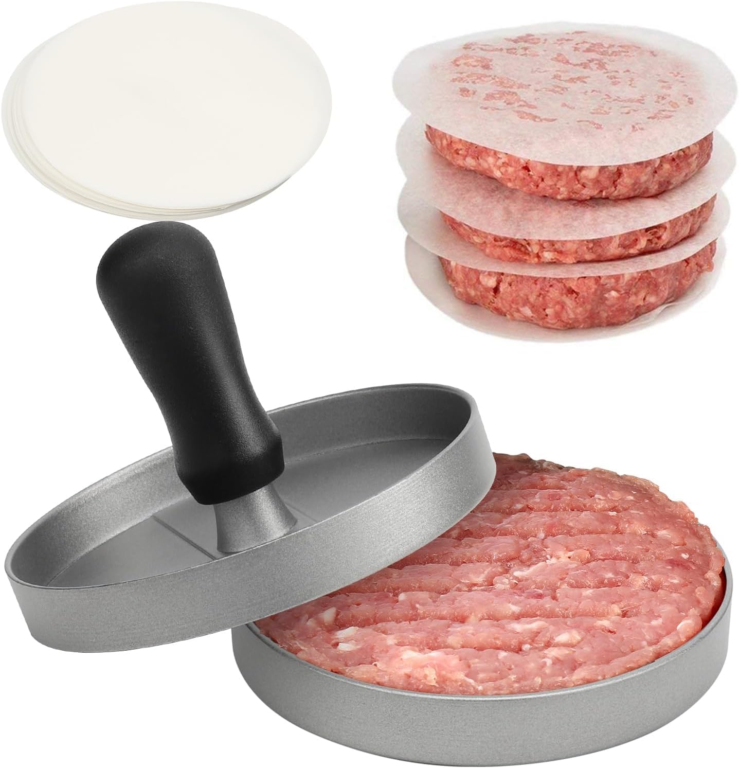 MEETOZ Burger Press Patty Maker - Kitchen Mold Hamburger Press with 100 Parchment Papers - Non - Stick Hamburger Mold with Free Wax Patty Paper Sheets - BPA Free