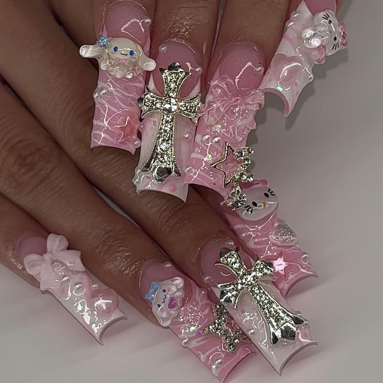 French Press On Nails - Pink Long Coffin False Nails - Cute Kawaii 3D Fake Nails Designs With Cross Kitty Puppy Bow - Acrylic Full Cover Stick On Nails For Women Nail Art Daily Wear Accessories
