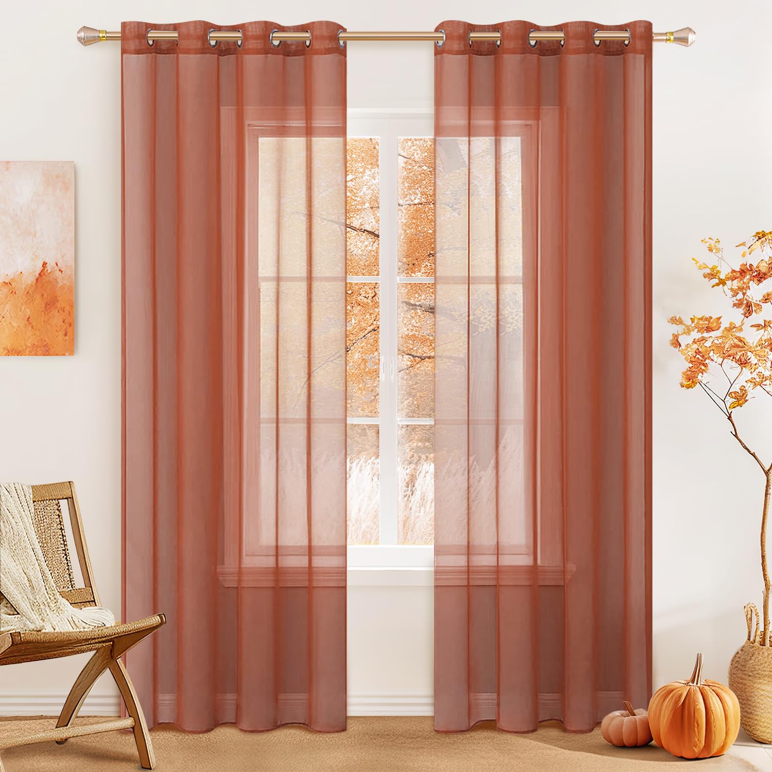 Photo 1 of MIULEE 2 Panels Solid Color Sheer Curtains 72 Inch Length Set Fall Terracotta Rust Elegant Grommet Light Filtering Window Voile Drapes/Treatment for Bedroom Living Room W54 x L72 Inch, Burnt Orange