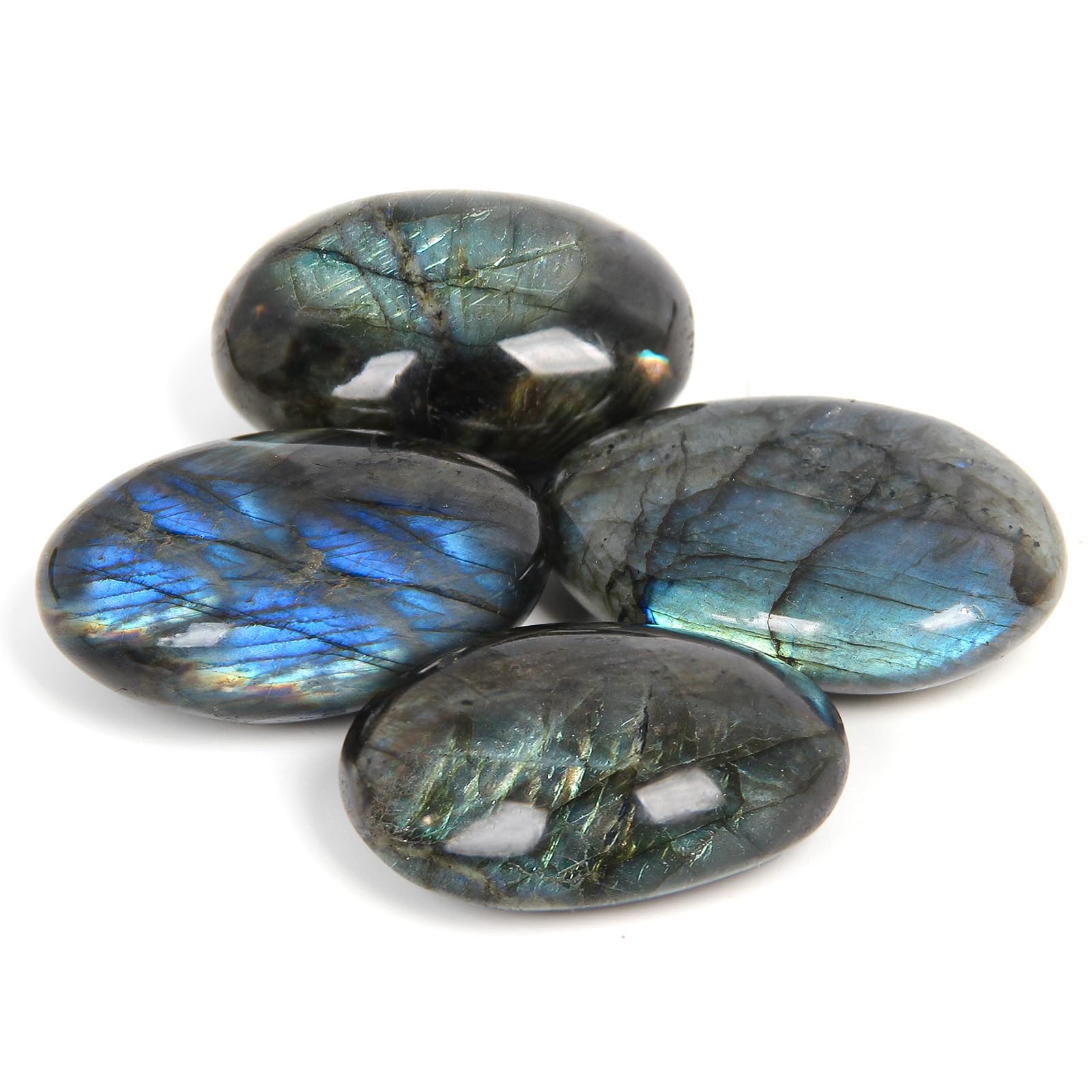4 Pcs Labradorite Pocket Stones | Natural Polished Crystal Palm Stones | Smooth Decorative Stones for Collection, Desk, or Home Display