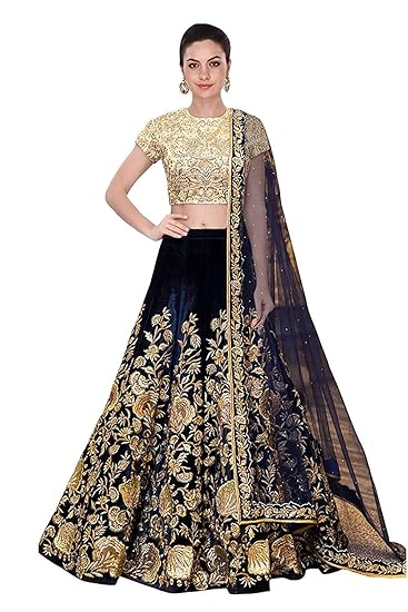 Womens Velvet Embroidery Work Semi-Stitched Lehenga Choli (YF-57, Navy Blue)