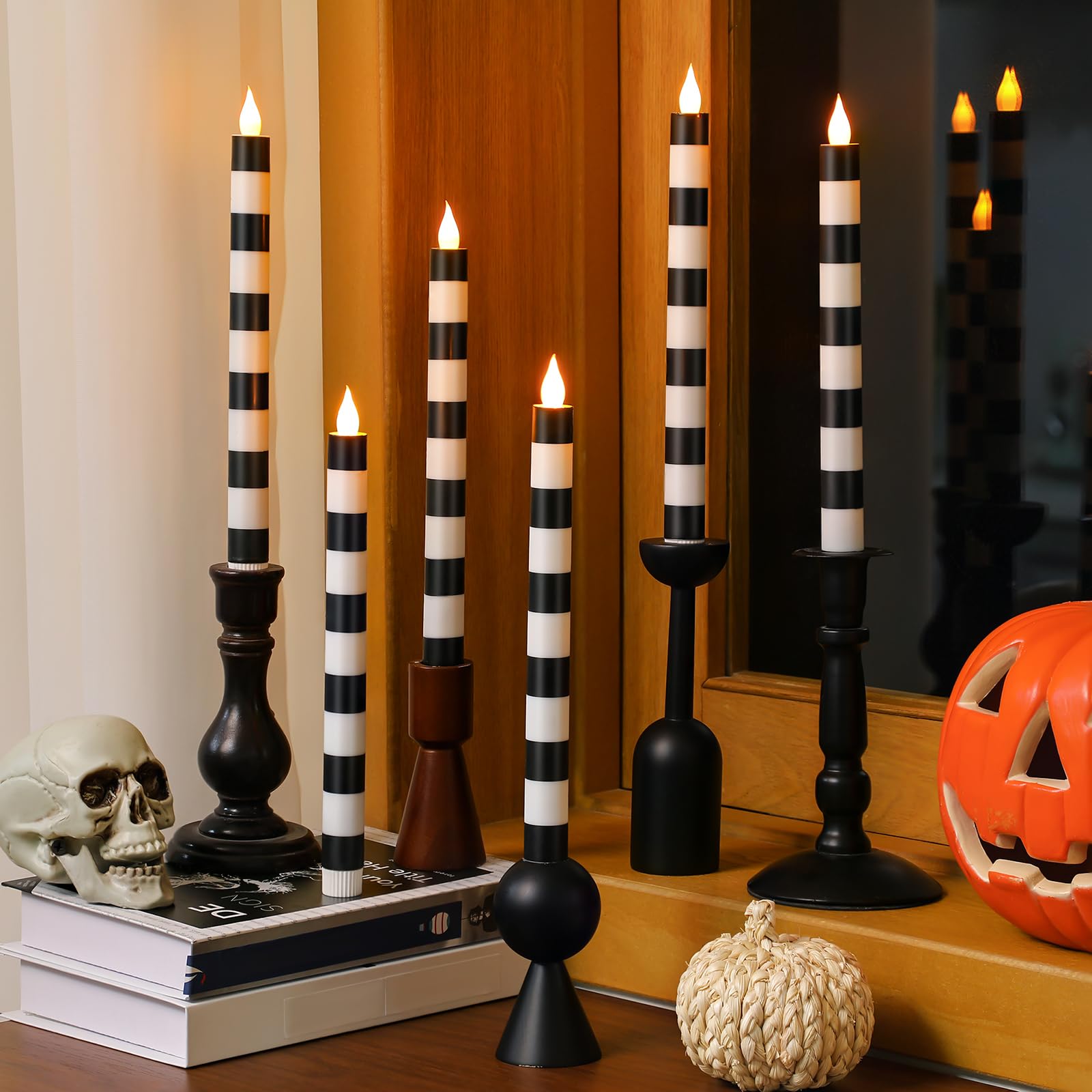 Photo 1 of Honoson 6 Pcs Halloween Flameless Taper Candles 10.6 Inch Spooky Black Candles Battery Operated LED Candlesticks for Halloween Centerpieces Dinner Table Home Party Decor