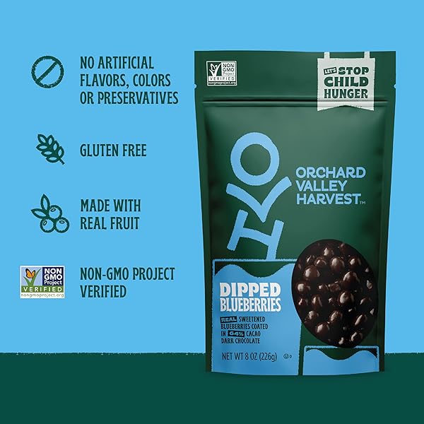 ORCHARD VALLEY HARVEST DARK CHOCOLATE DIPPED BLUEBERRIES, MADE WITH REAL SWEETENED BLUEBERRIES, GLUTEN FREE, NON-GMO, STAND UP BAG, 8 OZ (PACK OF 1), ON-THE-GO SNACK FOR THE WHOLE FAMILY