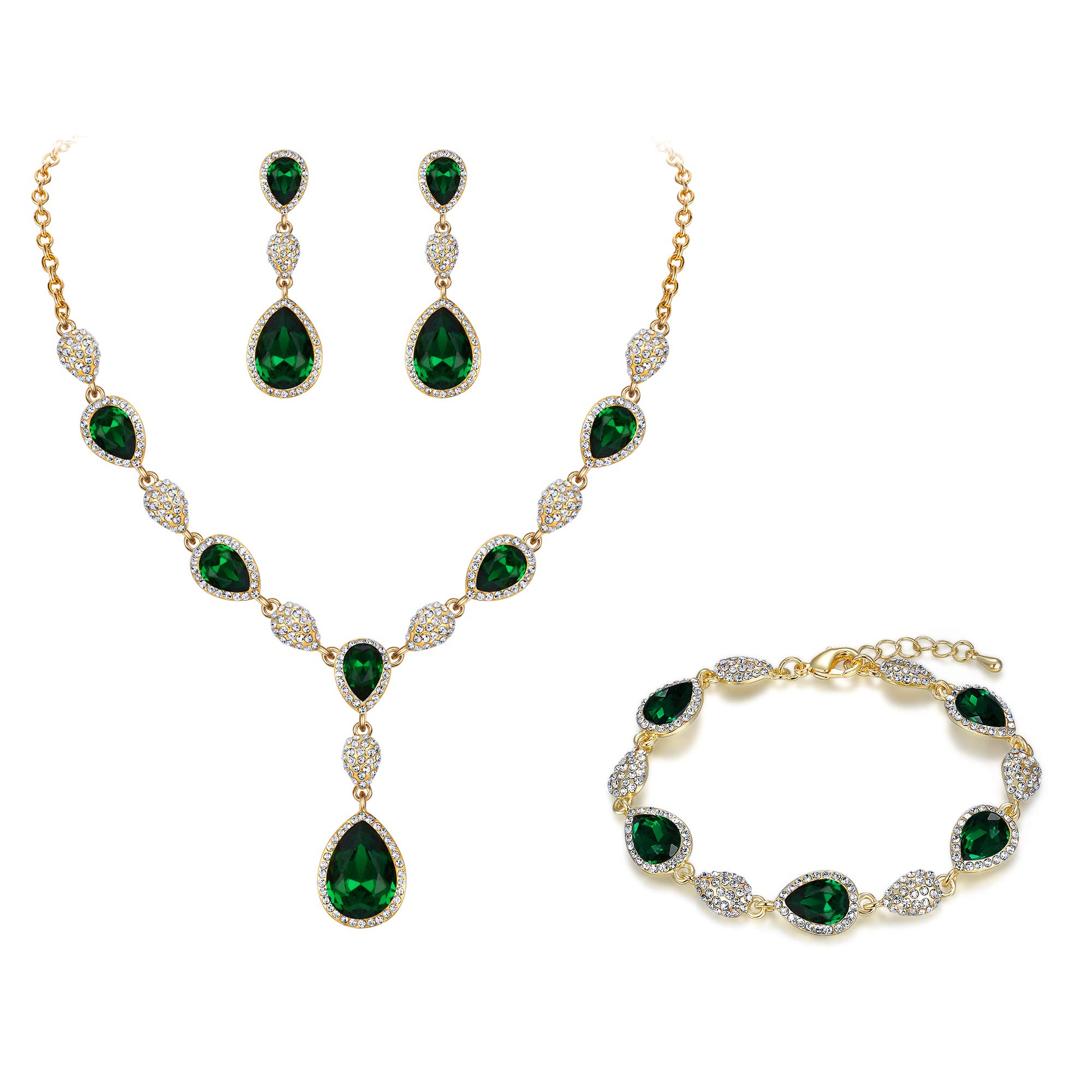 Clearine Wedding Bridal Costume Jewellery Diamante Teardrop Crystal Statement Y-Necklace Dangle Earrings Tennis Bracelet Set for Women Emerald Green Colour Gold-Tone